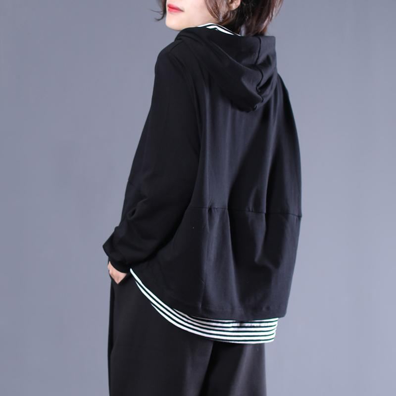 Black Stripe Patchwork Casual Pullover Hoodie