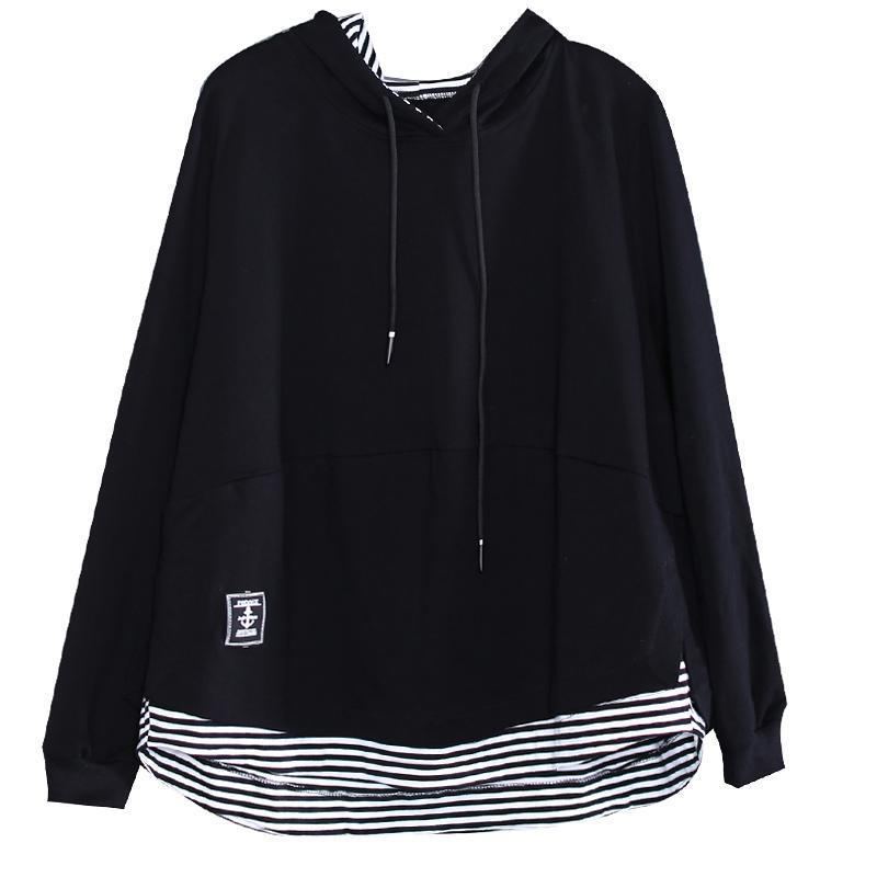 Black Stripe Patchwork Casual Pullover Hoodie