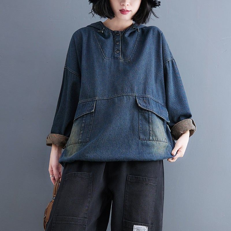 Spring Retro Casual Patchwork Loose Denim Hoodie