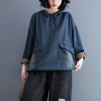 Spring Retro Casual Patchwork Loose Denim Hoodie