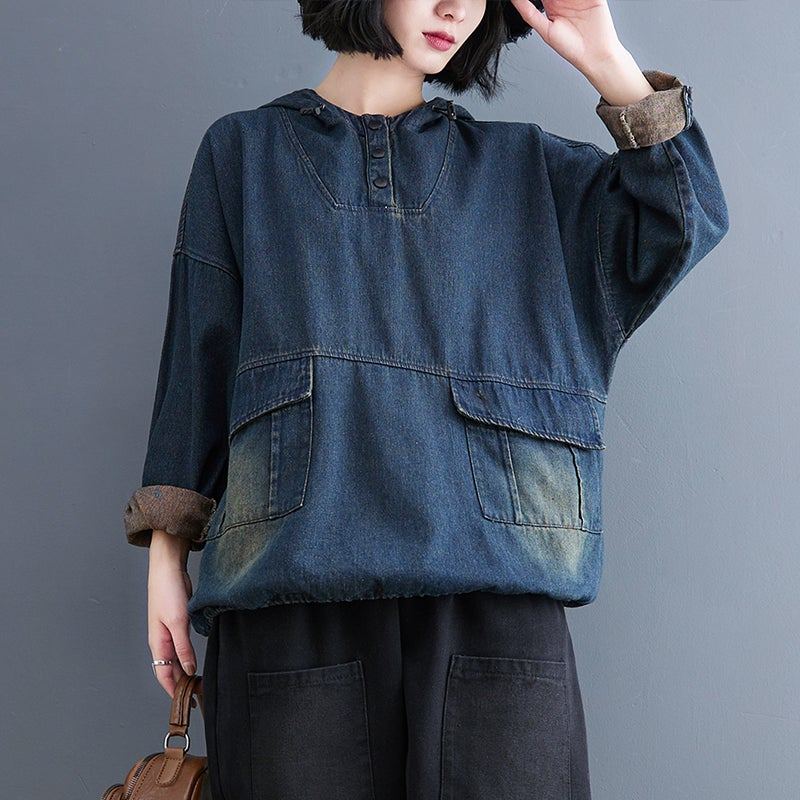 Spring Retro Casual Patchwork Loose Denim Hoodie