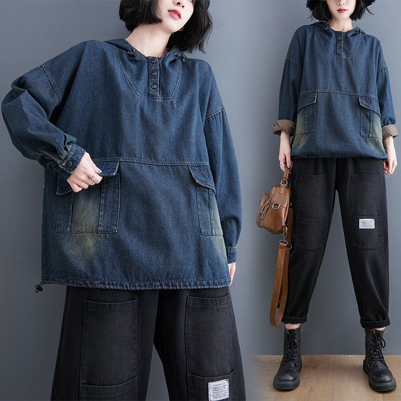 Spring Retro Casual Patchwork Loose Denim Hoodie