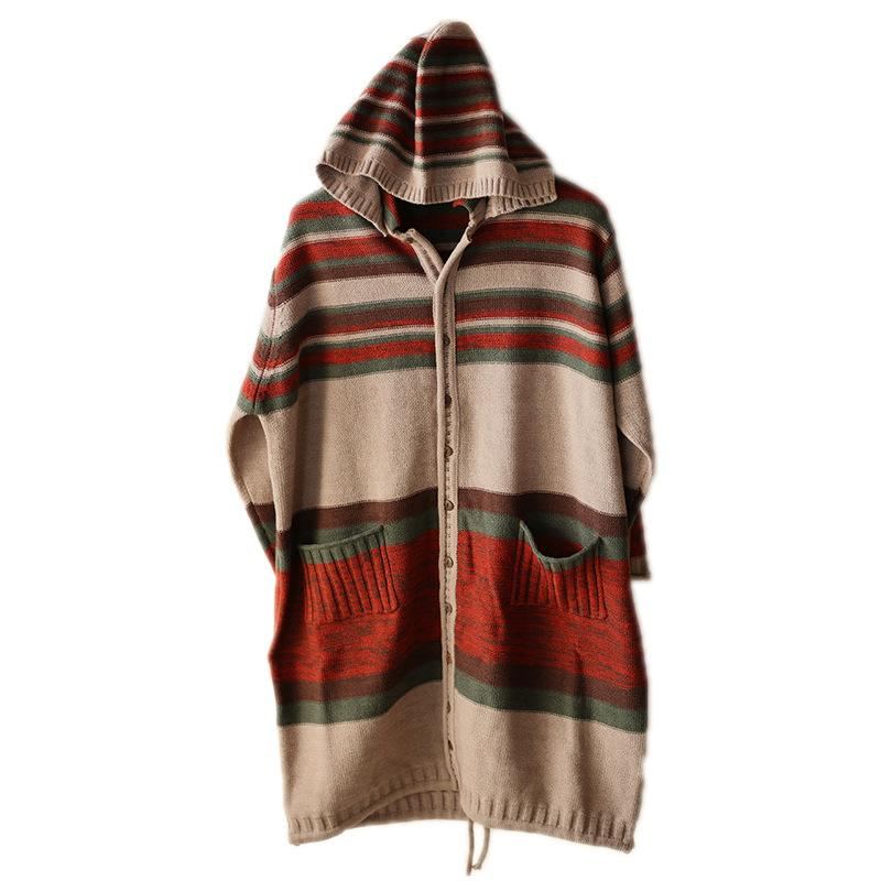 Höst Stripe Stickad Casual Hoodie Cardigan Tröja