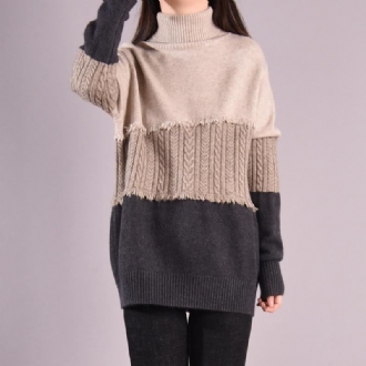 Vinter Casual Patchwork Lös Stickad Turtleneck-tröja