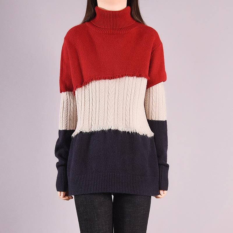 Vinter Casual Patchwork Lös Stickad Turtleneck-tröja