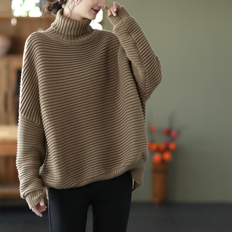 Vinter Dam Casual Loose Stripe Stickad Tröja Med Turtleneck