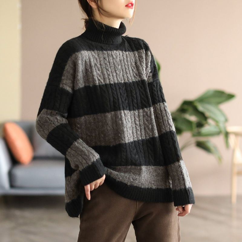 Vinter Retro Stripe Fleece Blended Stickad Tröja