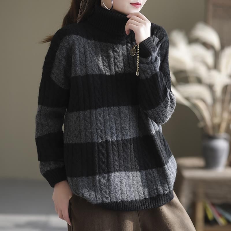 Winter Thick Stripe Turtleneck Lös Retro Sweater