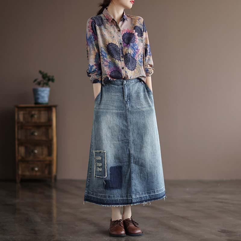 Autumn Retro Hollow A-line Jeanskjol