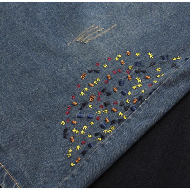 Broderad Mellanlång Retro Jeanskjol