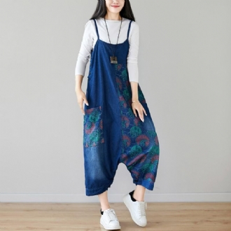 Höst Denim Haklapp Lösthängande Retro Printed Kjol Jumpsuit