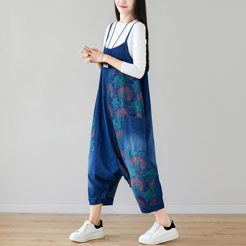 Höst Denim Haklapp Lösthängande Retro Printed Kjol Jumpsuit