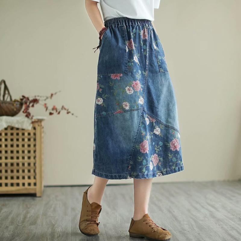 Retro Blommig Lös Casual Patchwork Denimkjol