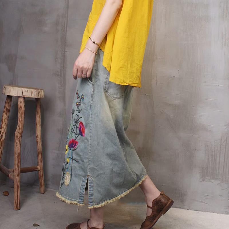 Retro Broderi Denim Spring Kjol