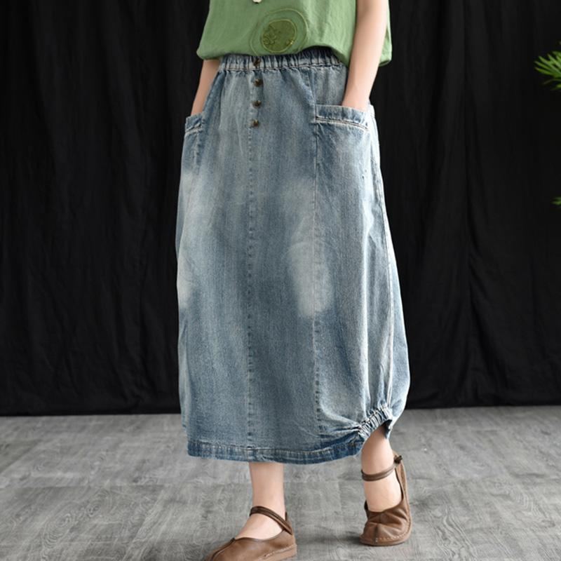 Retro Denim Elastisk Midja A-linje Kjol