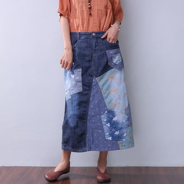 Sommar Dam Denim Applique Blå Kjol