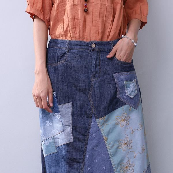 Sommar Dam Denim Applique Blå Kjol