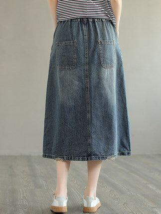 Sommar Retro Broderi Ripped Cotton Denim Kjol