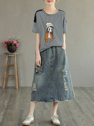 Sommar Retro Broderi Ripped Cotton Denim Kjol