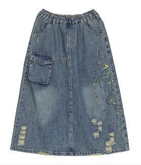 Sommar Retro Broderi Ripped Cotton Denim Kjol