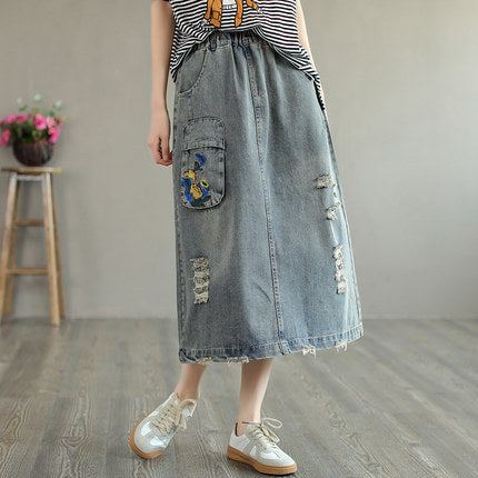 Sommar Retro Broderi Ripped Cotton Denim Kjol