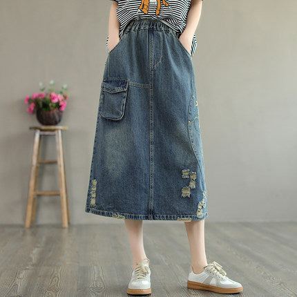 Sommar Retro Broderi Ripped Cotton Denim Kjol