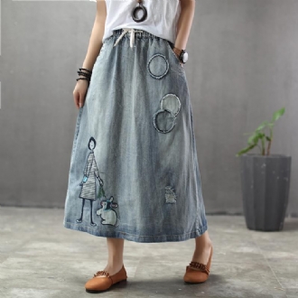 Sommar Tunn Cartoon Broderad Patch Swing Denim Kjol