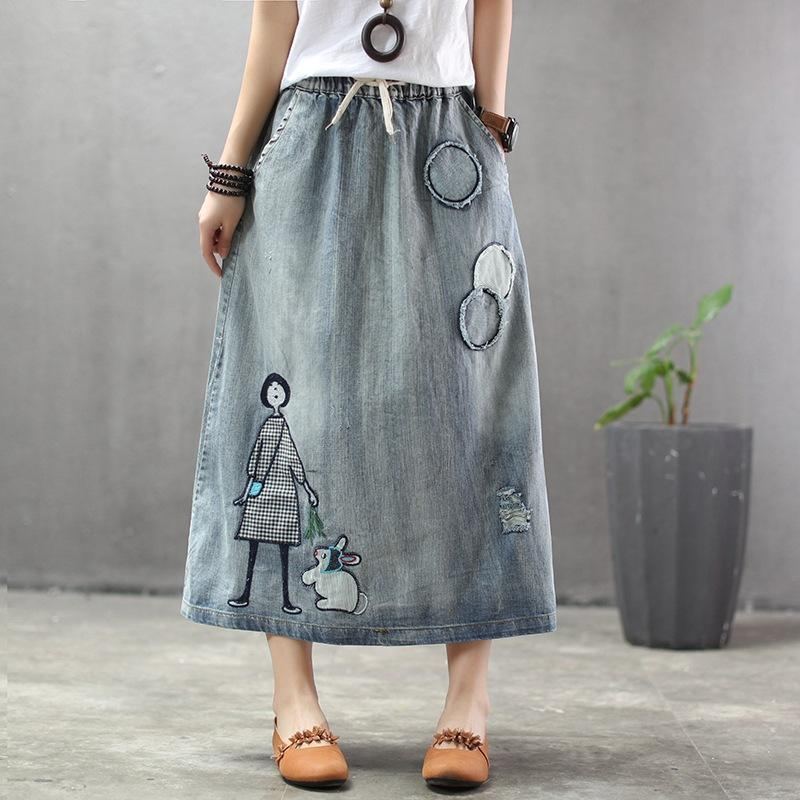 Sommar Tunn Cartoon Broderad Patch Swing Denim Kjol