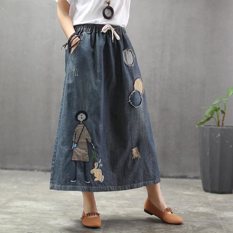 Sommar Tunn Cartoon Broderad Patch Swing Denim Kjol