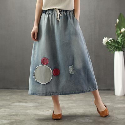 Sommar Tunn Cartoon Broderad Patch Swing Denim Kjol