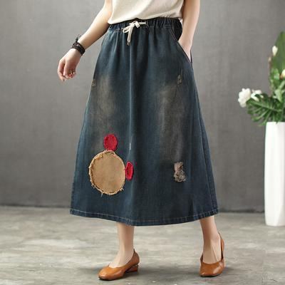 Sommar Tunn Cartoon Broderad Patch Swing Denim Kjol