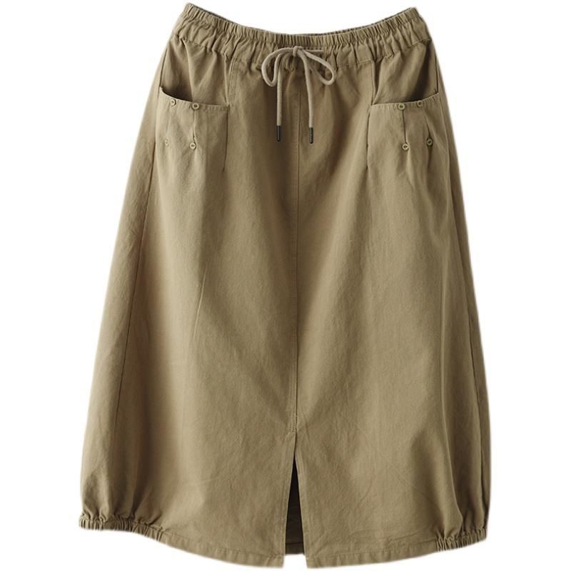 Spets Elastisk Midja Casual Kjol Khaki