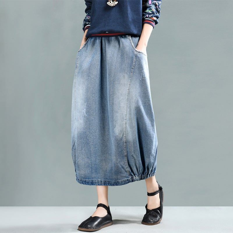 Spring Retro A-line Cotton Denim Kjol