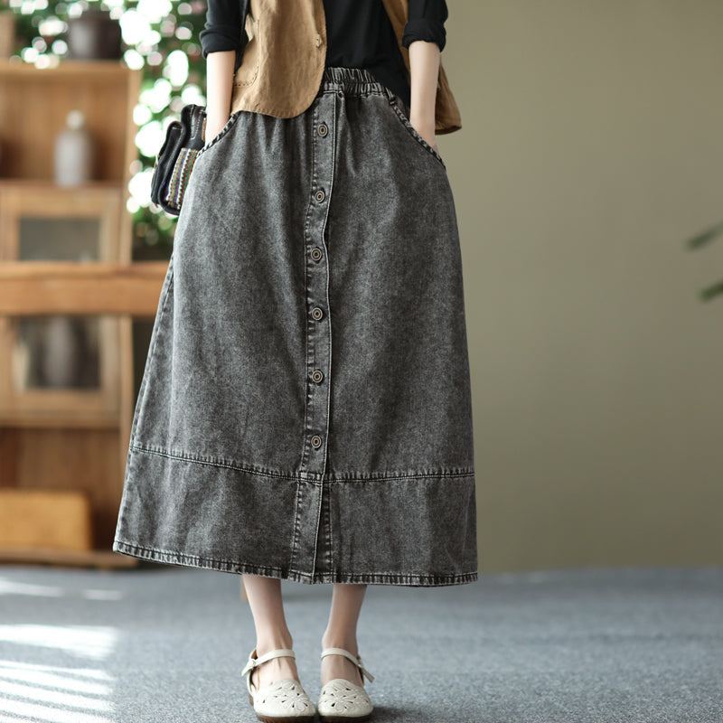 Spring Retro Cotton Patchwork A-line Split Denim Kjol