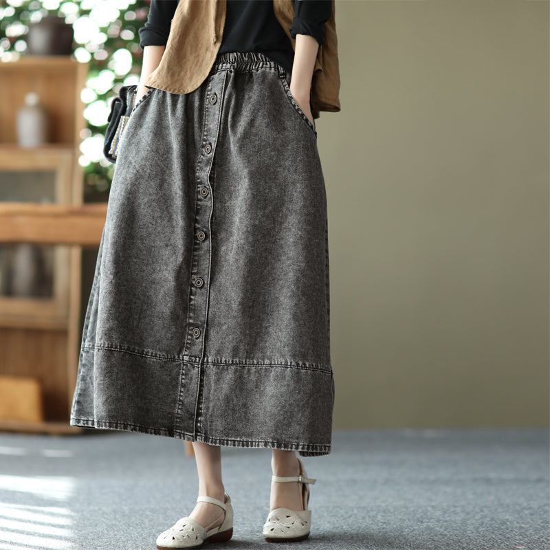 Spring Retro Cotton Patchwork A-line Split Denim Kjol