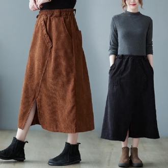 Spring Retro Elastisk Midja Corduroy Slit A-line Kjol