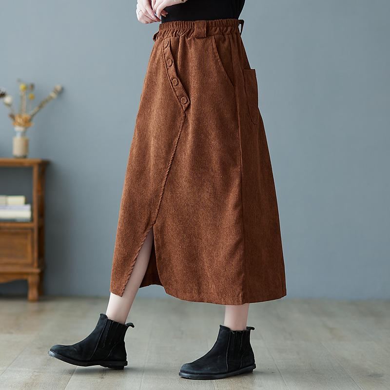 Spring Retro Elastisk Midja Corduroy Slit A-line Kjol