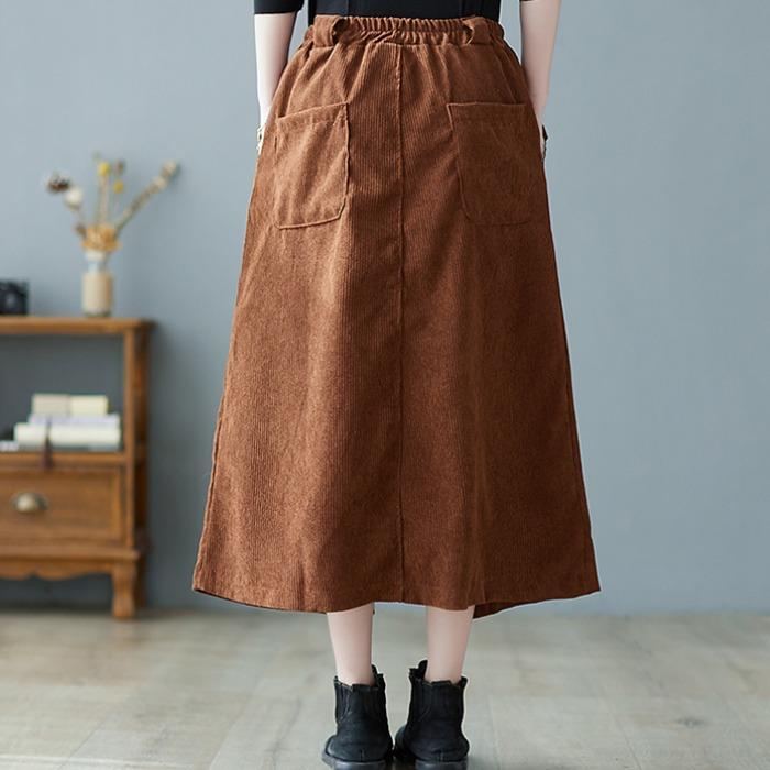 Spring Retro Elastisk Midja Corduroy Slit A-line Kjol