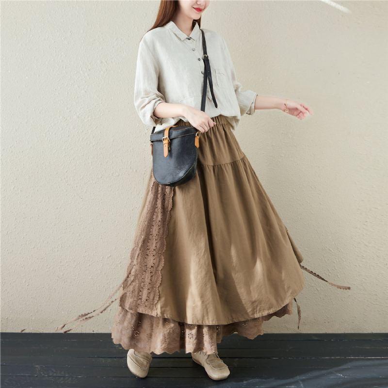 Spring Retro Linne Blommig Hollow Brodery Kjol