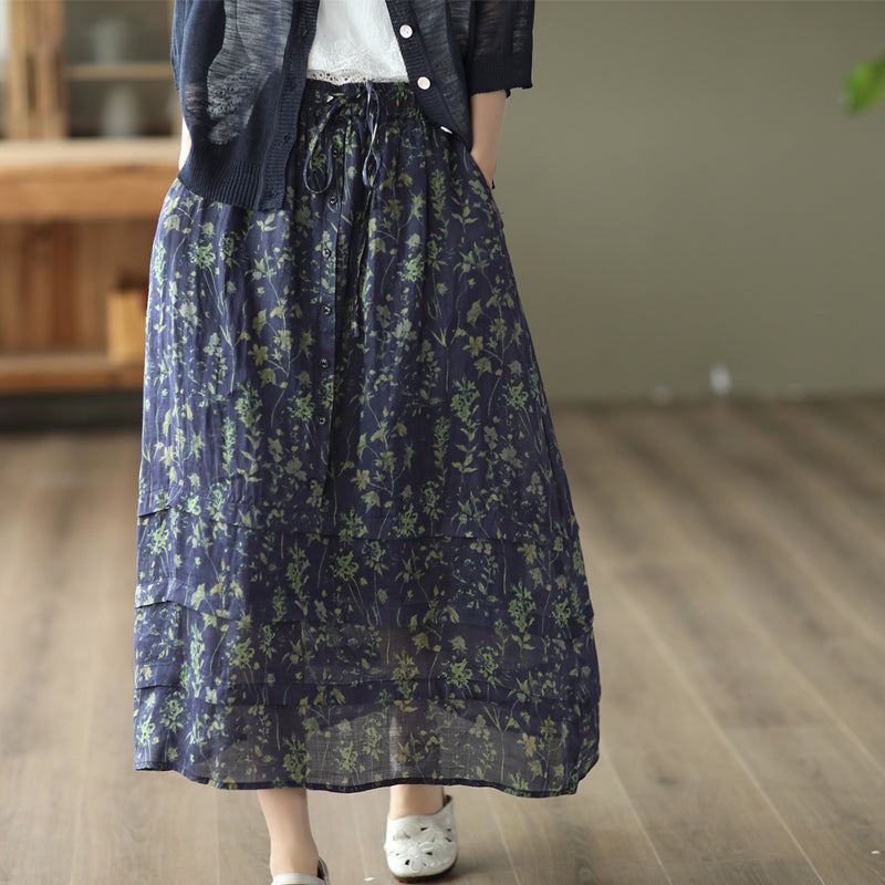 Summer Retro Floral Dubbla Layers Cotton Linne Skirt