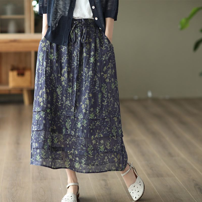 Summer Retro Floral Dubbla Layers Cotton Linne Skirt