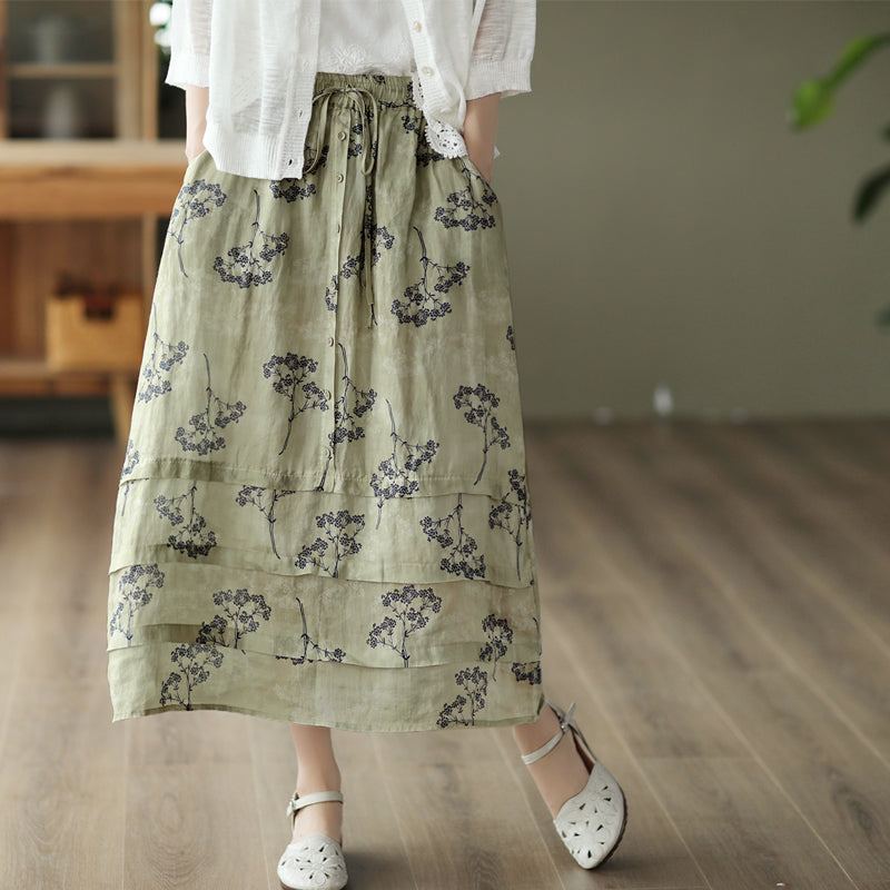 Summer Retro Floral Dubbla Layers Cotton Linne Skirt