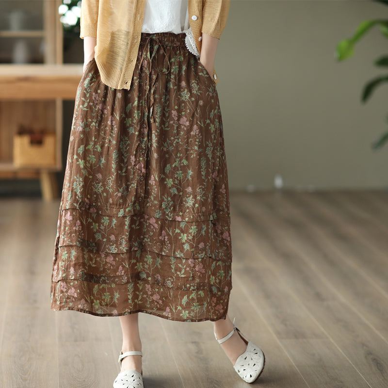 Summer Retro Floral Dubbla Layers Cotton Linne Skirt