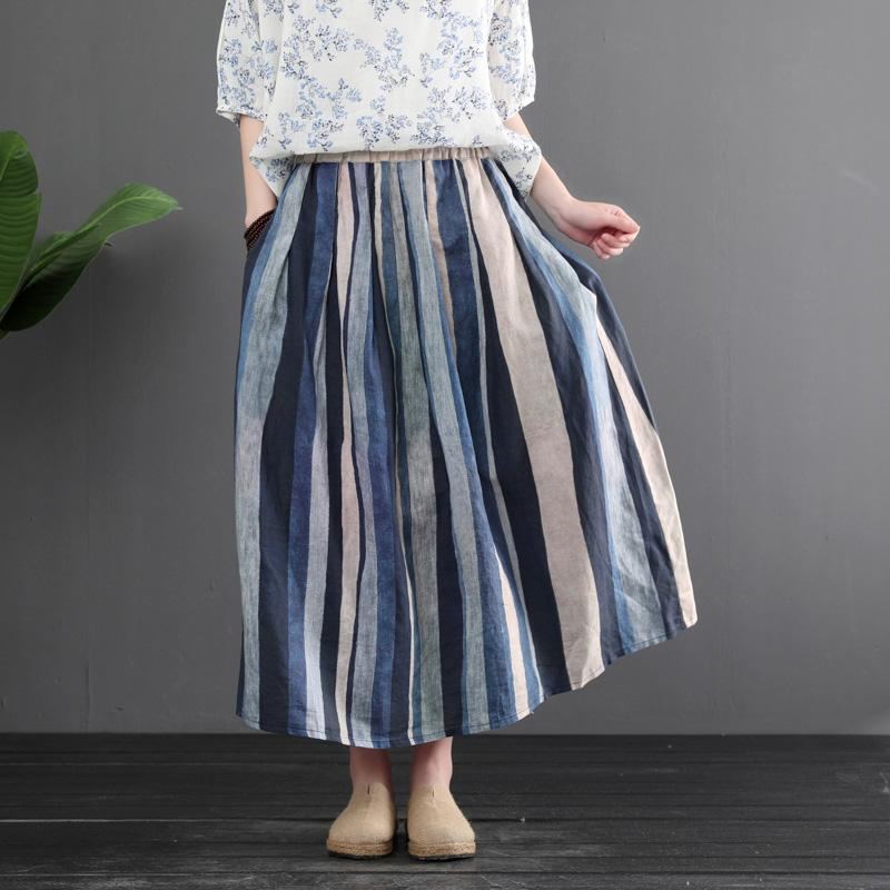 Summer Retro Linen Color Matching Stripes Kjol