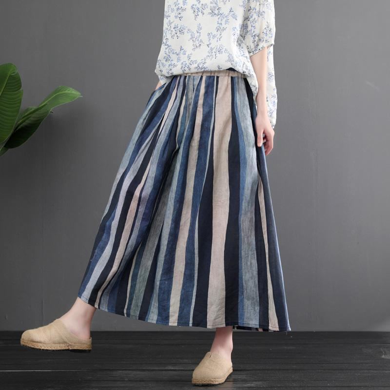 Summer Retro Linen Color Matching Stripes Kjol