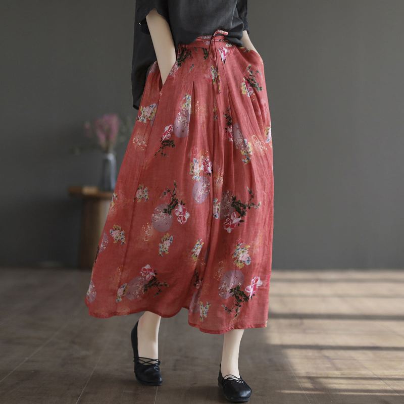 Summer Retro Linne Blommig A-line Patchwork Kjol