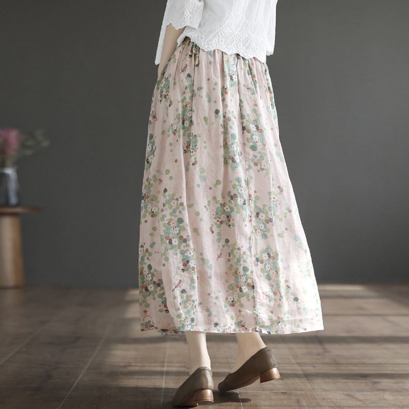 Summer Retro Linne Blommig A-line Patchwork Kjol