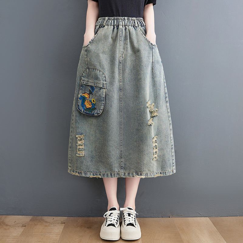 Vintage Ripped Loose A-line Summer Denim Kjol