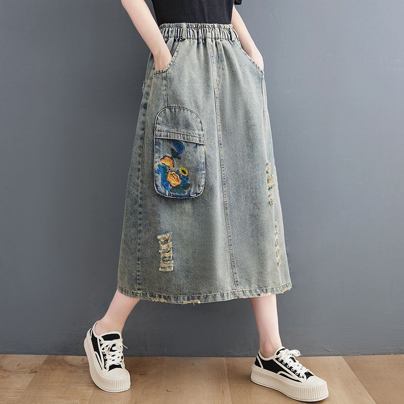 Vintage Ripped Loose A-line Summer Denim Kjol