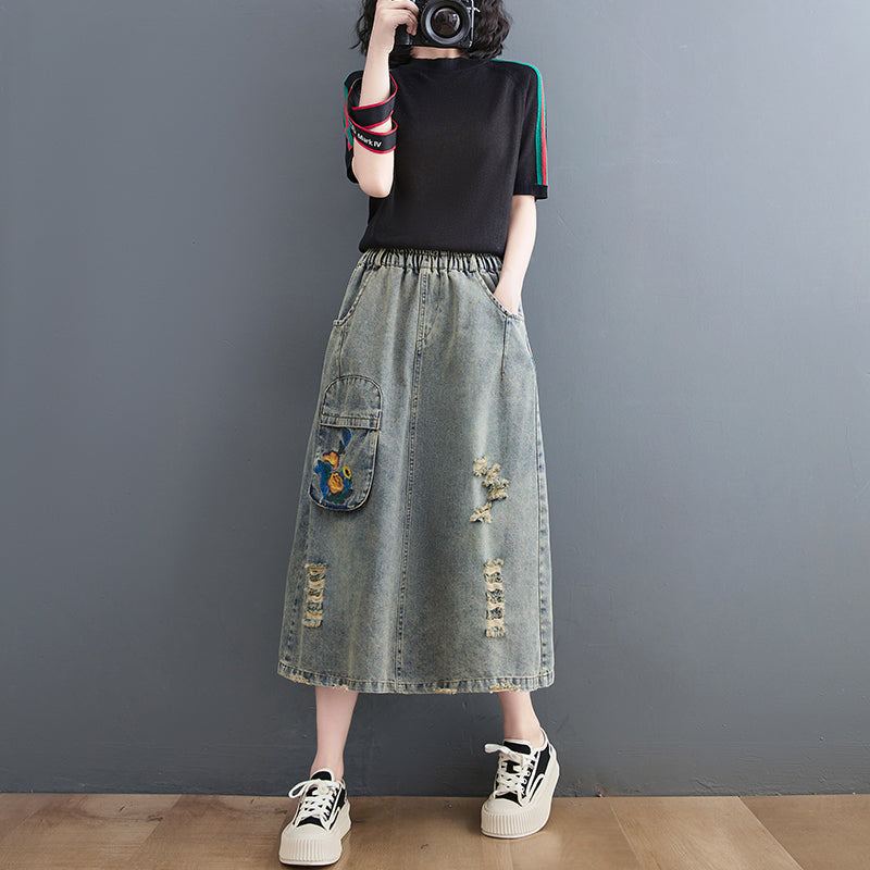 Vintage Ripped Loose A-line Summer Denim Kjol